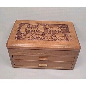 Vintage Wooden Jewelry Box Carved Wolf Cherry 2 Drawer Lidded